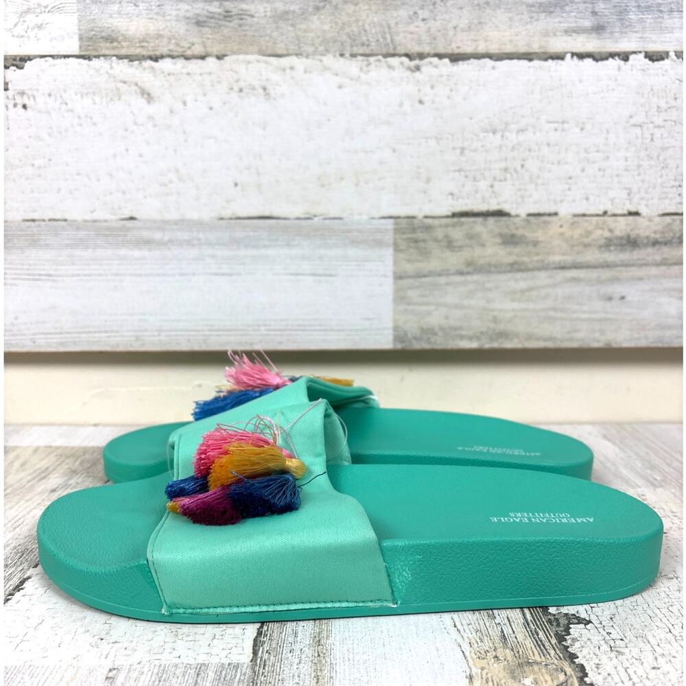 American Eagle Womens 10 Blue Tassel Boho Slip On Slide Beach Summer Sandals NWT